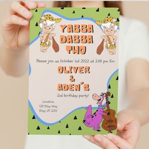 Bamm-Bamm x2 Yabba Dabba Two, Birthday Invitation, Printable, Flintstone themed 2nd birthday invite, Editable Template, INSTANT DOWNLOAD