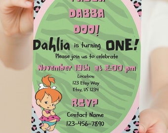Pebbles Yabba Dabba Doo, Birthday Invitation, Flintstone themed 2nd birthday invite, Editable Template, INSTANT DOWNLOAD