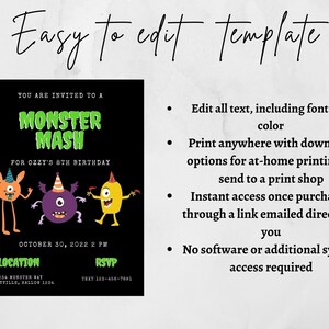 Monster Mash, Birthday Invitation, Printable Birthday Invite, Editable ...