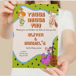 Pebbles and Bamm-Bamm Yabba Dabba Two, Birthday Invitation, Flintstone themed 2nd birthday invite, Editable Template, INSTANT DOWNLOAD