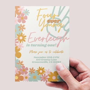 Four Ever Young l Birthday Invitation, Printable, 60-70&#39;s themed 1st birthday invite, Editable Template INSTANT DOWNLOAD, Girl, RETRO Disco