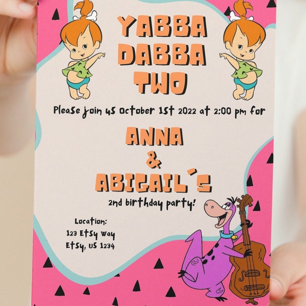 Pebbles Yabba Dabba Two Pink, Birthday Invitation, Flintstone themed 2nd birthday invite, Editable Template, INSTANT DOWNLOAD