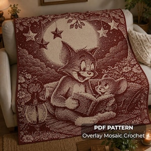 May include: A dark red and cream-colored woven throw blanket featuring a detailed graphic of Tom and Jerry reading a book together under a large moon and stars, with a lantern nearby. The text PDF PATTERN Overlay Mosaic Crochet is visible.