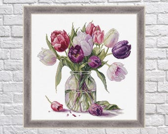 Kruissteekpatroon tulpenboeket, pdf bloemenvaasborduurwerk, lentebloemen-naaldpunt