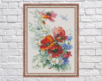 Poppies and Daisies Cross Stitch Pattern | Floral Bouquet PDF | Summer Flowers Embroidery