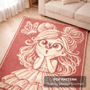 Peut inclure: Un tapis rectangulaire rouge avec un motif de fille de dessin animé, avec de grands yeux et un papillon. Le tapis a une bordure blanche et le texte "PDF PATTERN Overlay Mosaic Crochet".