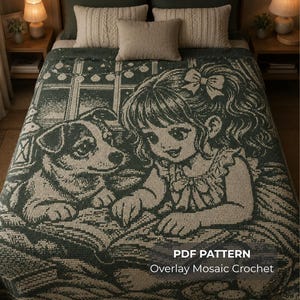 May include: A dark green and cream coloured blanket featuring an intricate overlay mosaic crochet design of a child with a bow in their hair reading a book alongside a dog. The text PDF PATTERN Overlay Mosaic Crochet is visible at the bottom.