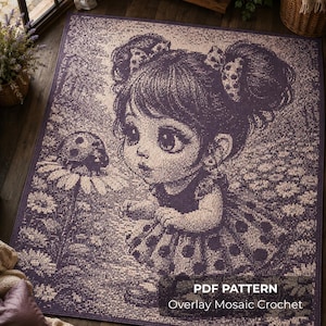 Puede incluir: Una alfombra rectangular con un diseño tejido en color morado oscuro y crema que muestra a una niña de ojos grandes y moños, de pie junto a una flor grande con una mariquita. El texto PDF PATTERN Overlay Mosaic Crochet es visible.