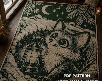 May include: A rectangular crochet blanket featuring a dark green and cream color scheme. The design depicts a cat holding a lantern, surrounded by pine branches, pinecones, a crescent moon, and stars. The text PDF PATTERN Overlay Mosaic Crochet is visible.