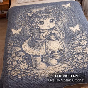 May include: Blue and white crochet blanket featuring a detailed illustration of a girl holding a lantern, surrounded by butterflies and flowers. The blanket has a textured appearance. Text on the blanket reads "PDF PATTERN Overlay Mosaic Crochet."