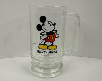 Vintage Walt Disney Productions Mickey Mouse Clear Glass Beer Mug with Handle