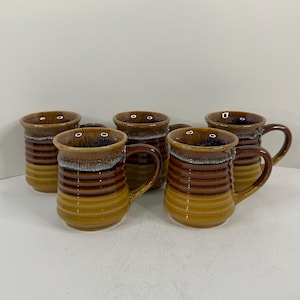 Set of 5 Vintage Stoneware Brown Drip Glaze Coffee Mugs