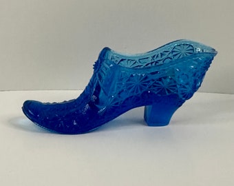 Chaussure vintage Fenton bleu en verre, bouton et marguerite avec noeud LIRE