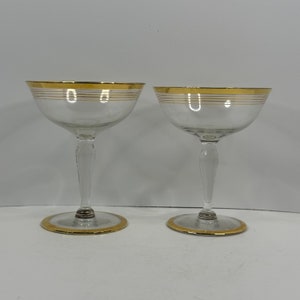 Glastonbury Lotus 75-1 Gold Striped Glass Wine Glasses Pair of Vintage