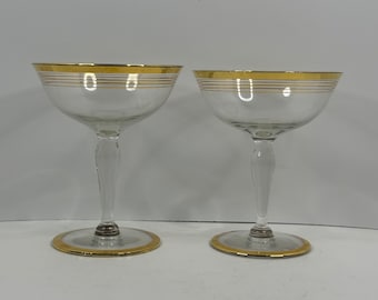 Glastonbury Lotus 75-1 goudgestreepte glazen wijnglazen paar vintage