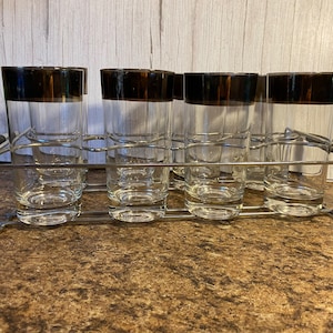 Vintage MCM Dorothy Thorpe Style Set of 8 Silver Banded Highball Glasses w/Caddy