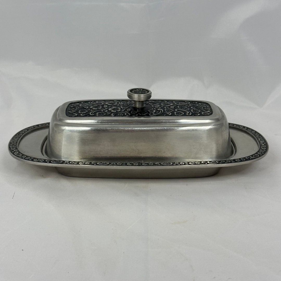 Vintage Oneida Custom Floral 18/8 Stainless Butter Dish & Lid, Glass