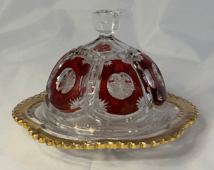Antique EAPG Circa 1906 Tarentum Glass Peerless Ruby Flash Domed Butter