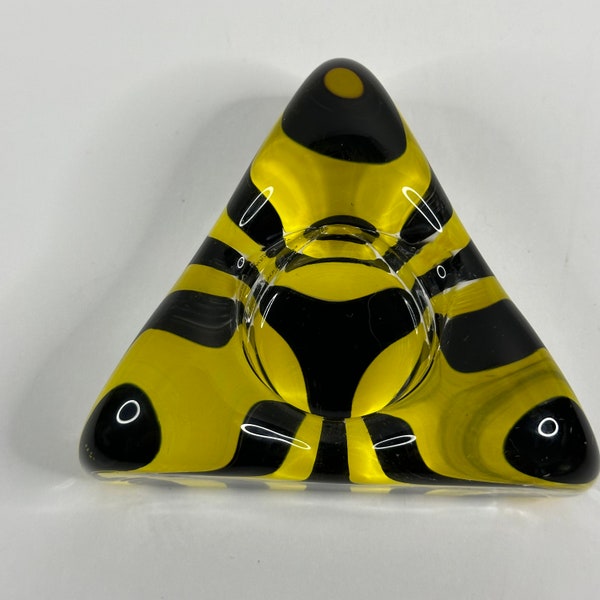 Kosta Boda Ulrica Hydman-Vallien, Triangle Shaped Yellow and Black Striped Votive Holder, Swedish Art Glass, Tea Light Candle Holder