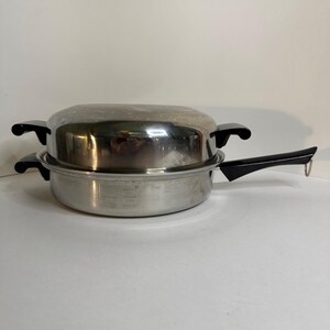Vintage Amway Queen Skillet Fry Pan Set w/ Domed Lid 18/8 Multi Ply USA