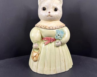 Cat in Dress with Purse and Flowers Cookie Jar OVER and BACK, Portugal, CHIP