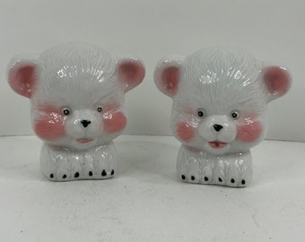 Vintage kitschige weiße rosa Teddybär Salz- und Pfefferstreuer anthropomorph