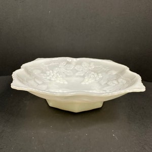 Vintage Anchor Hocking Milk Glass Grape Pattern Pedestal Bowl