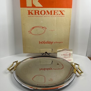 Vtg MCM Kromex Holiday Giftware 570 Round Serving Tray Platter Gold Tone Handles