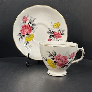 Vintage Royal Vale Pink & Yellow Rose Floral English Bone China Teacup and Saucer
