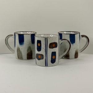Set of 3 Vintage Brown and Blue Striped Grey Speckled Stoneware Coffee Mugs