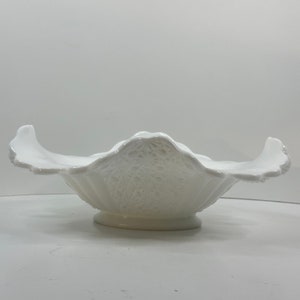 Fenton Milk Glass Ruffled Pedestal Bowl with Handles in Daisy and Button Pattern