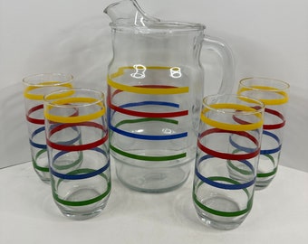 Anchor Hocking Colorful FIESTA STRIPE 1/2 Gallon Ice Lip Pitcher w/ 4 Glasses