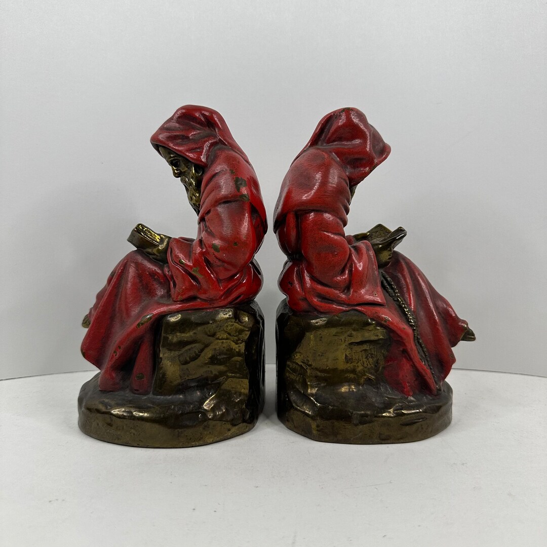 Vintage Bronze Monk Reading Bookends Etsy