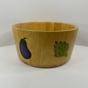 Wooden Salad Bowl with Artichoke, Tomato, Eggplant design Clay Art Hand Painted