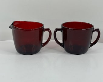 Anchor Hocking Royal Ruby Anchorglass Red Glass Cream Creamer & Open Sugar Bowl