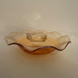 Jeannette FloraGold Louisa Iridescent Fluted Edge Carnival Glass Bowl 9.5&quot; Vintage