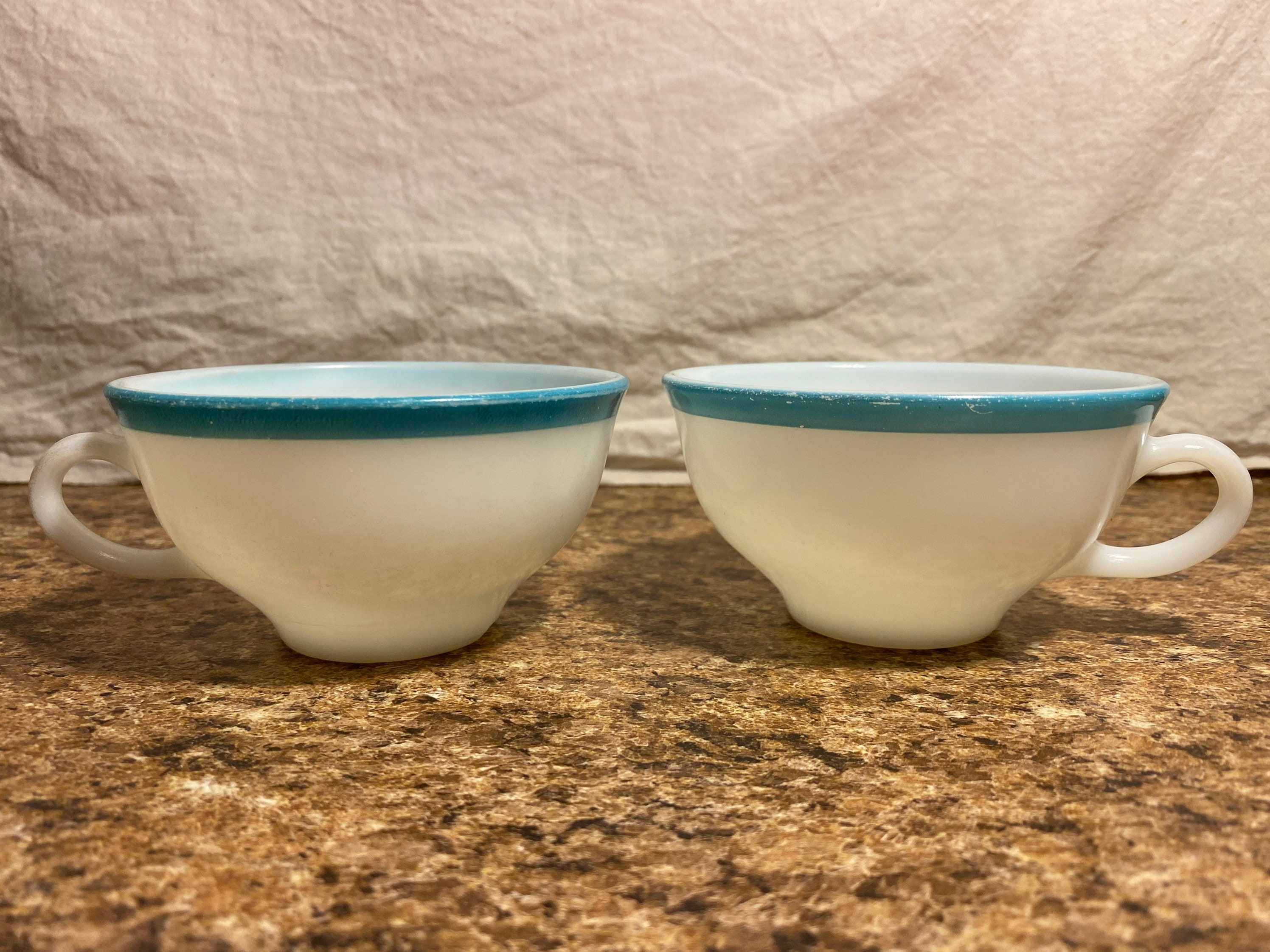 Vintage Set of 2 Turquoise, Aqua, Teal Pyrex Teacups, Tea Cups, Coffee Mugs