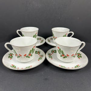Juego de 4 tazas y platillos de porcelana fina con motivos navideños de Kashima, Japón