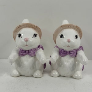 Coniglio pasquale non corrispondente con cappello e ciotola viola per sale o pepe