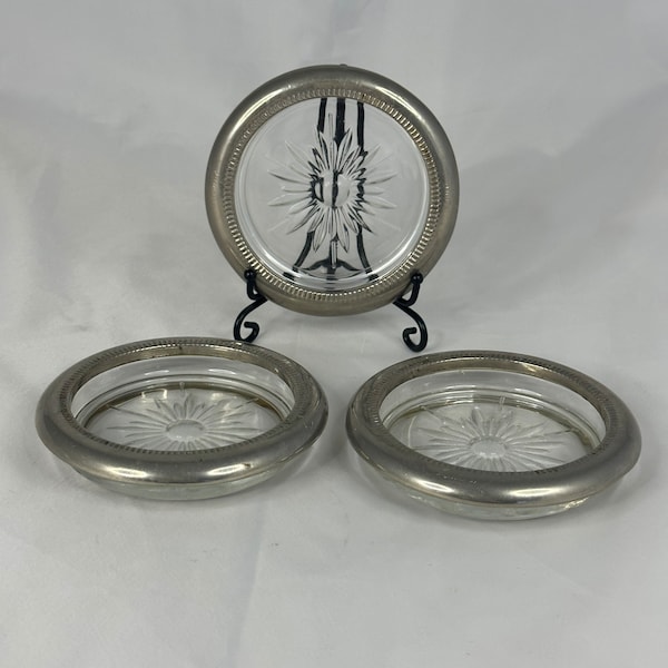 Vintage Set of 3 Silver Plate Glass Coasters 4” Marked Leonard Made in Italy