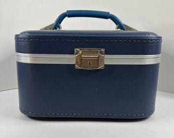 Vintage blauwe harde ijdelheid cosmetica of treinkoffer met geel interieur GEEN SLEUTEL