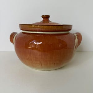 Puede incluir: Una cacerola redonda de cerámica con tapa en tonos marrones. El plato tiene dos asas laterales y una tapa a juego con un pequeño pomo. El esmalte tiene un acabado brillante y el plato parece ser vintage.