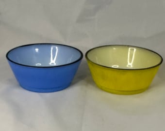 Lot of2 Anchor Hocking Fire King Small Yellow Blue Black Rimmed Milk Glass Bowls