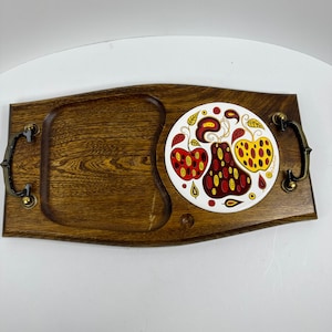Vintage Fred Press Hardwood Cheeseboard Apple and Pear Ceramic Tile Center