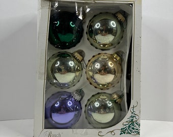 Set of 6 Vintage Green, Peach, Purple Rauch Christmas Glass Ornaments USA