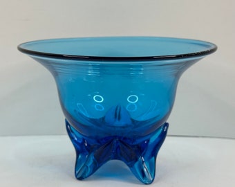 Aqua Teal Blue Hand Blown Four Footed Art Glass Bowl