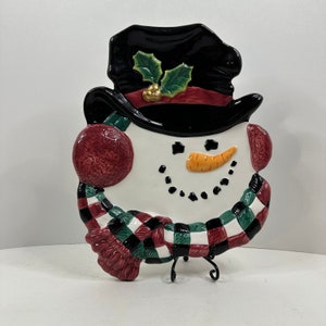 Snowman Fitz & Floyd Tray Canape Plate Vintage Hand Painted Holly Hat