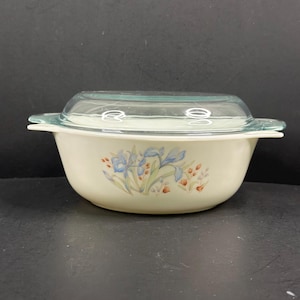 Vintage Yellow and Blue Leaf Fire King Casserole Dish w/Blue