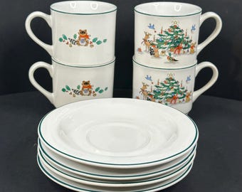 Set of 4 Vintage Ming Pao Woodland Christmas Cups and Saucers