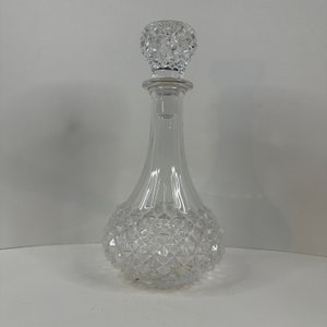 Heavy Clear Glass Liquor Decanter w/ Stopper, Diamond Point Genie Bottle Vintage
